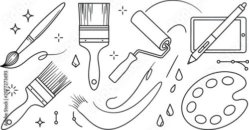 Obraz na płótnie Art design and creative studio line icon set featuring paint brush roller digita