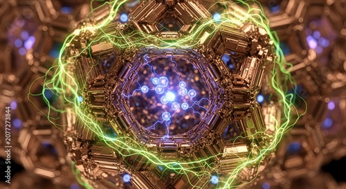 Glowing Copper Metal Structure with Purple Center