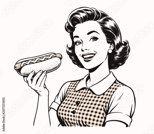 Retro pop art smiling woman holding a delicious hotdog vector illustration