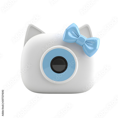 White cat shaped camera with blue bow and eye on black background closeup camera