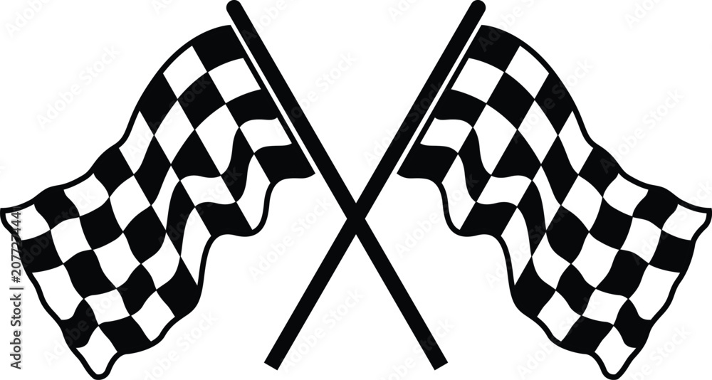 Obraz premium Detailed crossed racing checkered flags vector silhouette icon with solid handles for professional motorsport tournament and speedway event branding