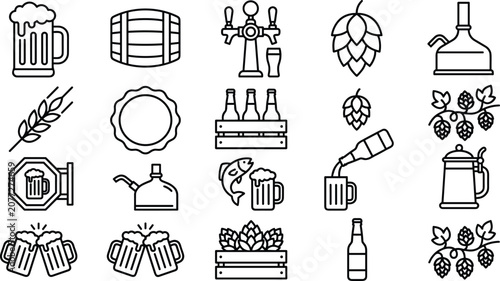 Bild auf Leinwand Craft Beer and Brewery Line Icon Set with Mug Bottle Barrel Hops and Tap Vectors