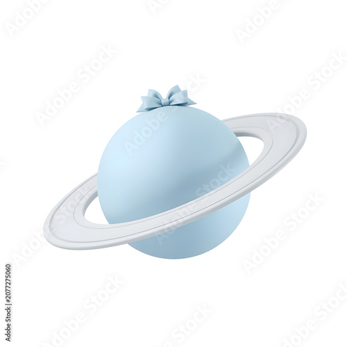 Light blue planet with ring and bow on black background for birthday or