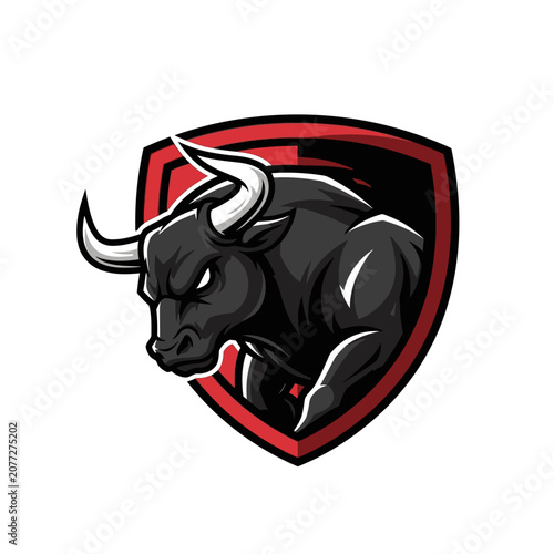 Schilderij op canvas Fierce black bull mascot logo with red shield background