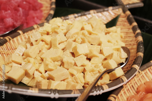 Fresh pieces of sweet egg omelet or Tamagoyaki is traditional Japanese food