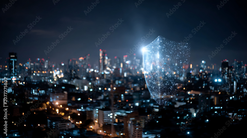 Obraz premium glowing translucent shield floating above a nighttime cityscape representing cyber security technology innovation and futuristic digital protection today