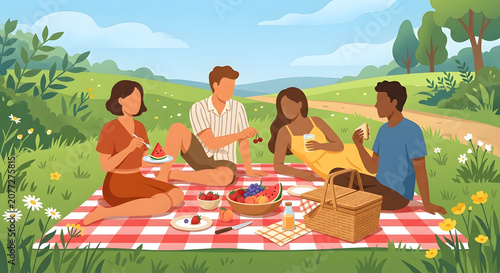 Summer picnic with friends flat character illustrations in summer