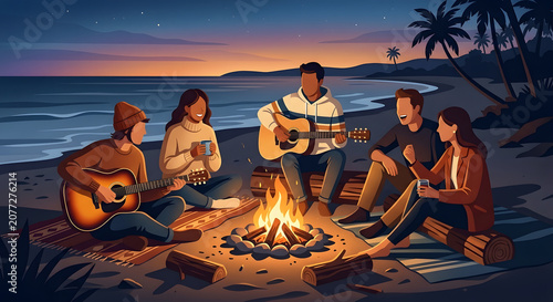 Summer flat character illustrations in summer beach bonfire