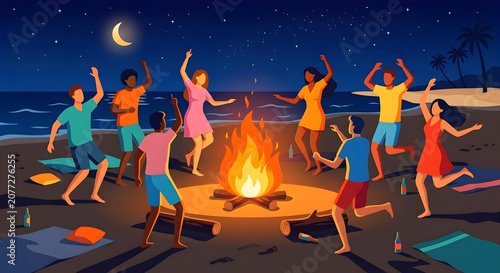 Summer flat character illustrations in summer beach party