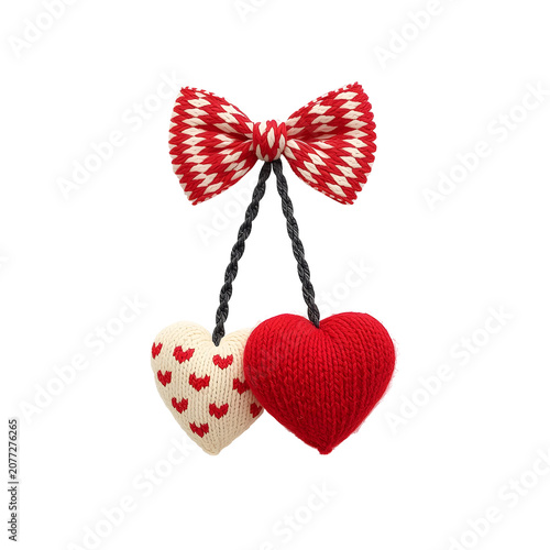 Knitted heart ornaments with red and white yarn on black background for
