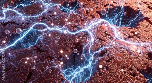 Abstract molten copper texture with flowing metallic veins and glowing embers in industrial setting