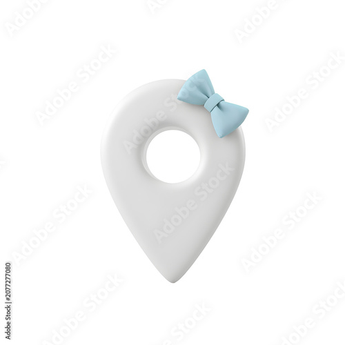 White map pin icon with blue bow on black background for design and decoration