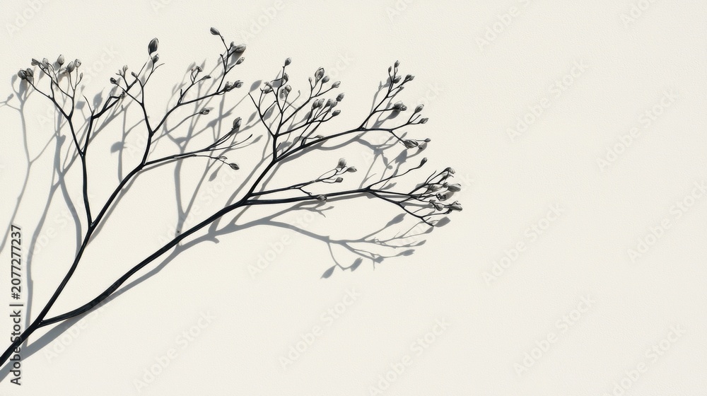 Fototapeta premium A black and white image of a plant with thin branches and small buds.