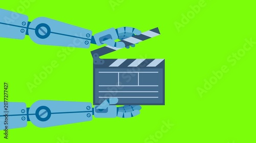 Robot hands holding blue clapper board. AI video creation. Robot working on video editing clapperboard. Represents modern technology's influence on creative media. 2d flat animation. Alpha channel