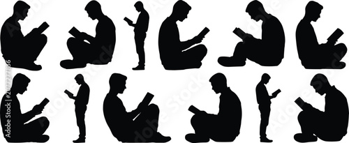 Foto Silhouettes of men reading books in different sitting and standing positions mal