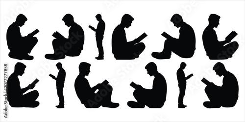Schilderij op canvas Silhouettes of men reading books in different sitting and standing poses male pe