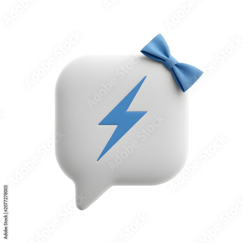 Blue lightning bolt in a speech bubble with a bow tie on top of it isolated on