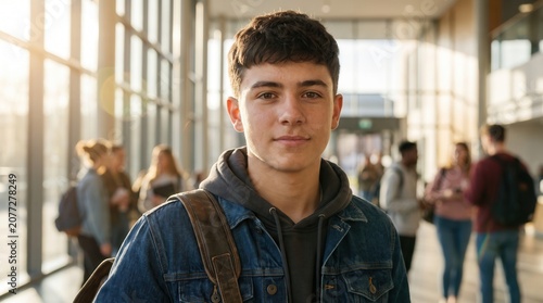 Young male student wearing denim jacket standing in modern university hallway. Blurred background with diverse students.