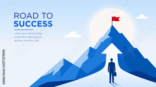 Success mountain business growth vector banner with upward arrow and businessman reaching the peak. Modern blue corporate presentation background for leadership, motivation, strategy, achievement
