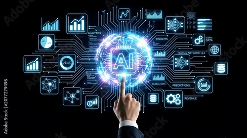 A business professional hand touches a glowing digital interface displaying artificial intelligence symbols data analytics charts and neural network connections in a futuristic high tech dark