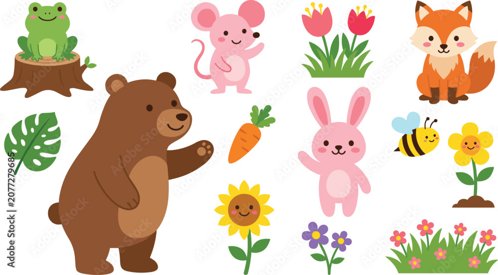 Naklejka premium Cute Cartoon Woodland Animals and Fall Floral Forest Design Elements Set with Bear Fox Rabbit and Frog