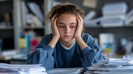 closeup portrait of a bored curly haired student sitting in class looking tired and unhappy during a school lesson representing boredom today scene photography