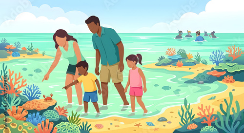 Summer with flat character illustrations in summer family beach day