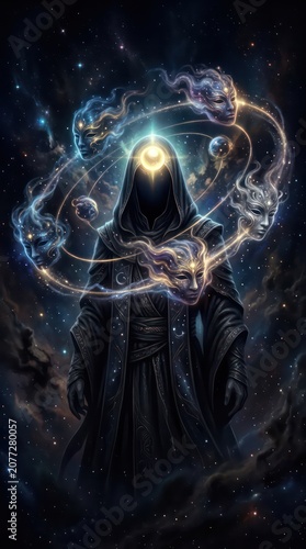 Mysterious Cosmic Sorcerer with Orbiting Celestial Masks in Deep Space