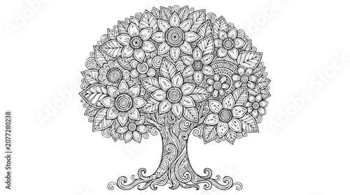 Stylized tree of life with ornate flowers and leaves doodle coloring page