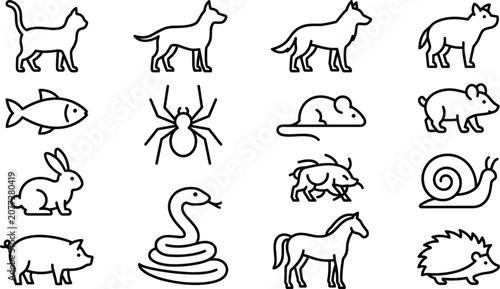 Canvas Print Domestic Pets and Wild Animals Line Icon Set with Cat Dog Rabbit Horse Snake and