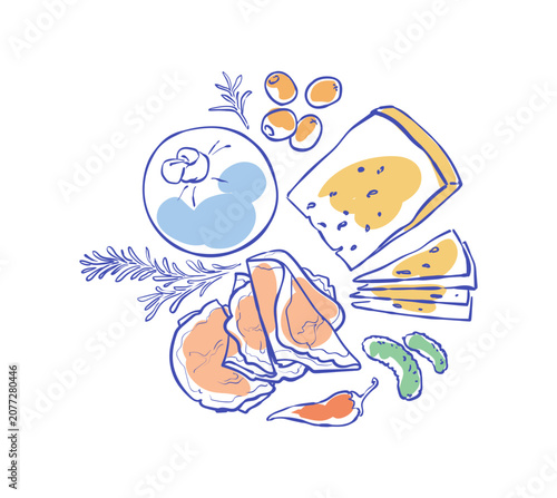 Vintage charcuterie watercolor icon with cheese, prosciutto snack and olive appetizer on white background. Hand drawn doodle food illustration with gherkin bread element for mediterranean dinner menu