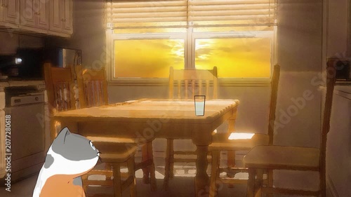 Naughty Retro Anime Cat Knocking Over Water Glass on Table at Sunset