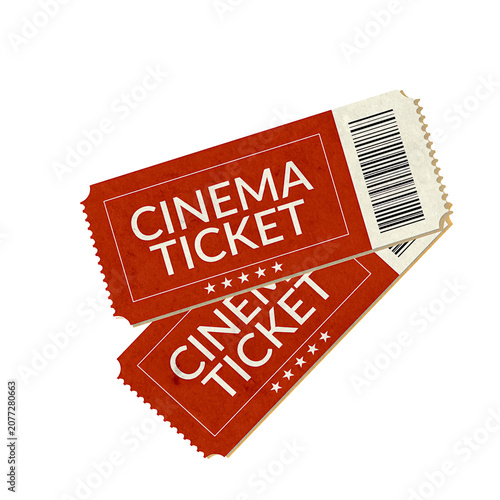 Two stacked red paper cinema tickets for movies isolated on white background with admission, entertainment