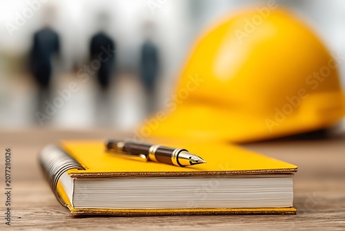 Construction Safety Planning with Hard Hat, Notepad, and Pen on Wooden Surface at Construction Site