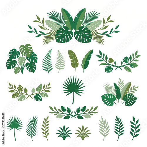 Collection of various green tropical leaves.