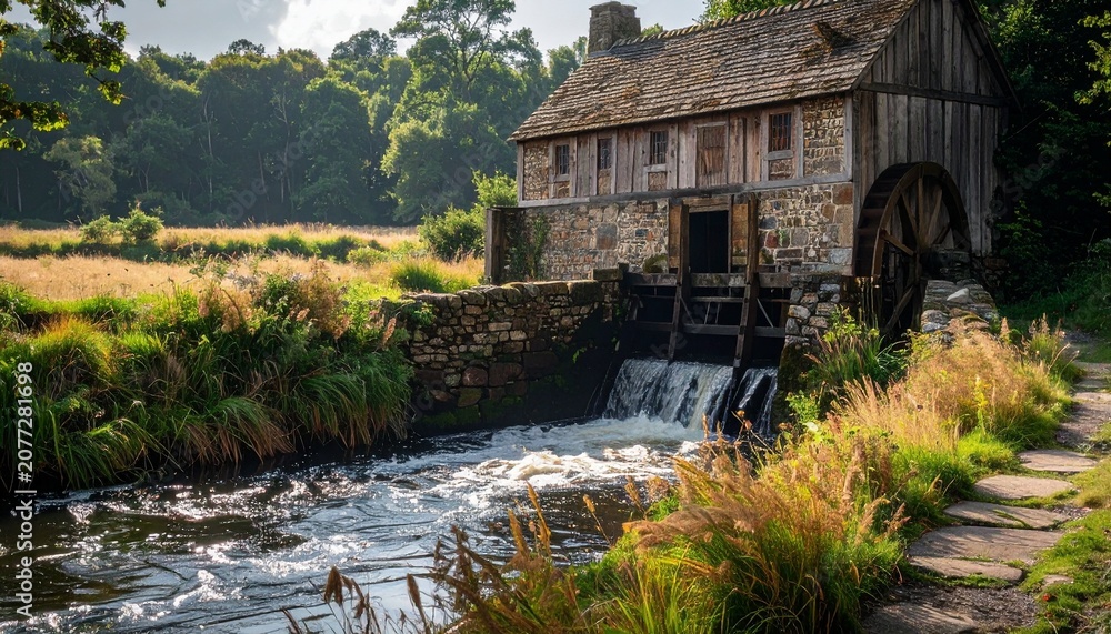Fototapeta premium Serene stone cottage beside flowing river in autumn forest.