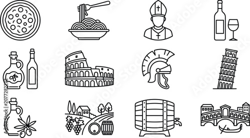 Foto Italy Travel Culture and Food Line Icon Set with Pizza Colosseum Leaning Tower P