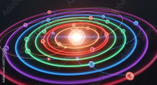 Colorful Atomic Particle Orbits with Vibrant Neon Light Trails in Dark Space Abstract Science Background