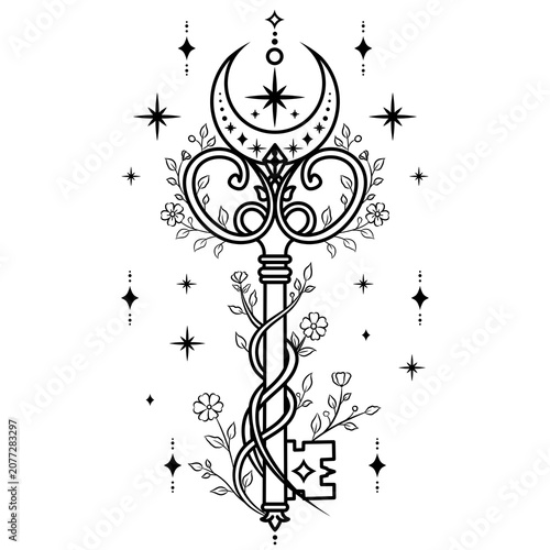 Mystical Key Black Line Art Transparent PNG with Moon Stars and Flowers
