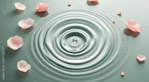 Zen Chromatic Meditation - Minimalist Concentric Water Ripples with Dewdrop and Geometric Petals in Sage Green and Dusty Rose Flat Lay