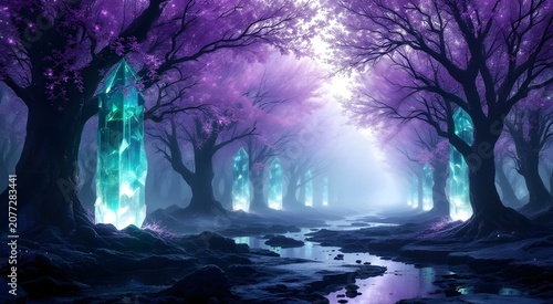 Bioluminescent Crystal Forest - Surreal Fantasy Landscape with Glowing Translucent Trees and Purple Green Light