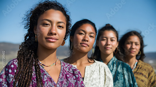 native american women wearing traditional patterned clothing standing together outdoors showing tribal community heritage