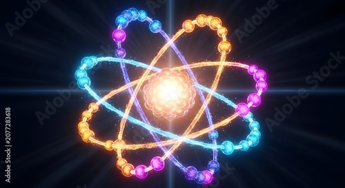 Glowing Atomic Structure with Colorful Electron Orbits in Dark Background