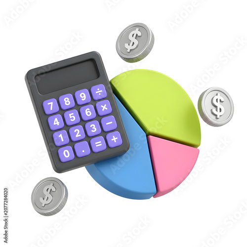 Colorful pie chart with calculator and dollar coins on transparent background