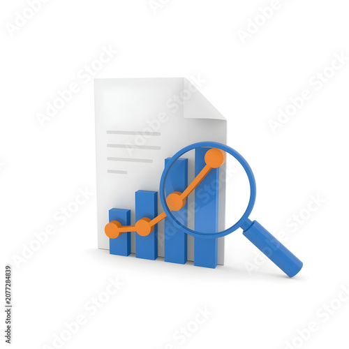 3D illustration of a magnifying glass over a blue bar graph and line graph on a document on transparent background