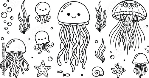 Φωτογραφία Cute jellyfish line art icons set with cartoon sea creatures bubbles seaweed and starfish vector illustration