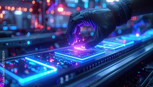 Futuristic Circuit Board with Gloved Hand.