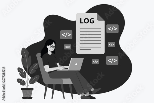 Female software developer analyzing system logs and programming code on her laptop in a black and white illustration.