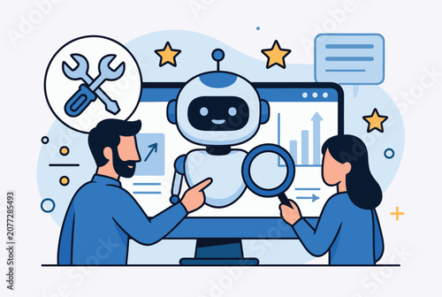 Technical team auditing and analyzing an artificial intelligence robot on a computer monitor using diagnostic tools.