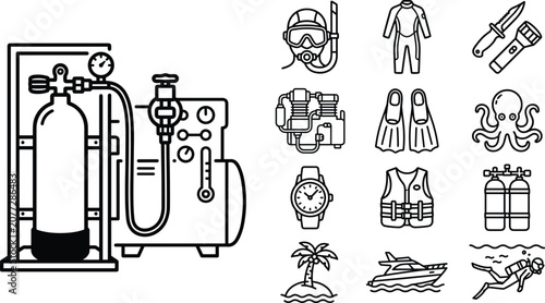 Foto Scuba Diving and Underwater Exploration Line Icon Set with Oxygen Tank Mask Fins